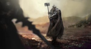 A knight wielding a warhammer.