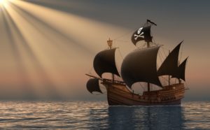 A pirate ship at sea.