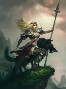 A sireni Sentinel surveys the land, with her wolf by her side.