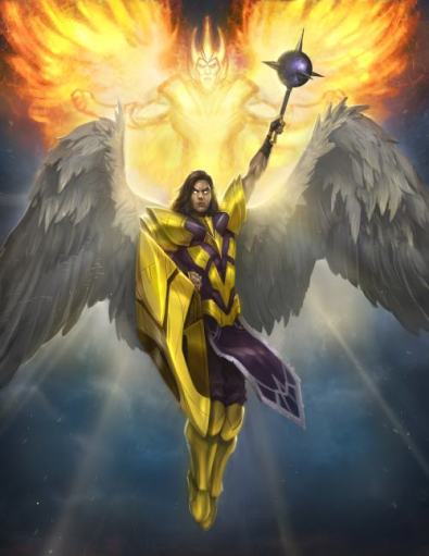 An atavian Priest, armed with Devotion and her spiritual mace, is accompanied by her Guardian Angel