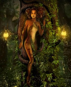 fayadart | Achaea A fayad steps forth from a tree trunk, two lanterns light her slender figure in a soft glow. Vines and ivy climb the base of the tree creating a verdant backdrop for the slender figure. Her skin is mottled in browns and beiges, patterned like tree bark but with a smooth texture. The fayad's face is ethereal and alien, while humanoid in construction, her eyes gleam silver.