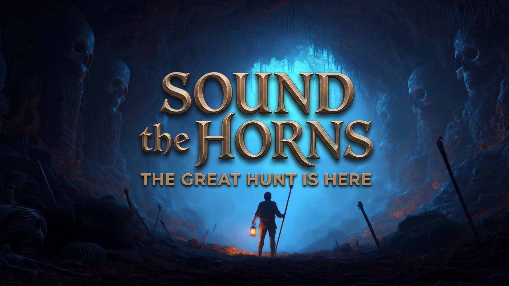 Poster for 'Sound the Horns: The Great Hunt Is Here' showing a lone explorer with a torch entering a blue-lit cavern, surrounded by skeletal shapes and stalagmites.