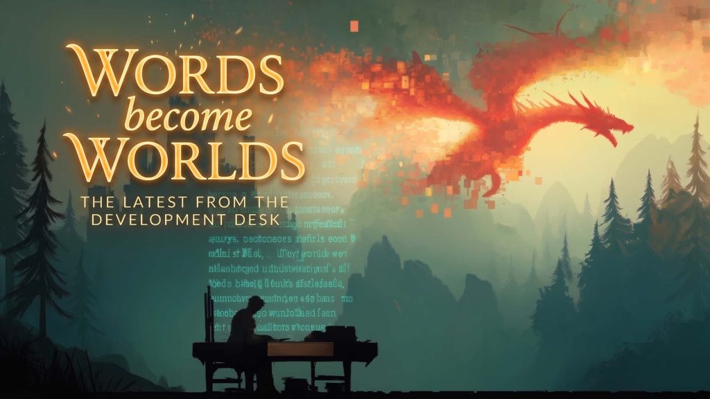 Banner with glowing title 'Words become Worlds' and a pixelated dragon silhouette; a person sits at a desk in a forested landscape.