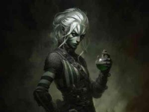 A Fayad Alchemist of Achaea in workroom robes, vials and reagents at hand