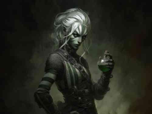 A Fayad Alchemist of Achaea in workroom robes, vials and reagents at hand