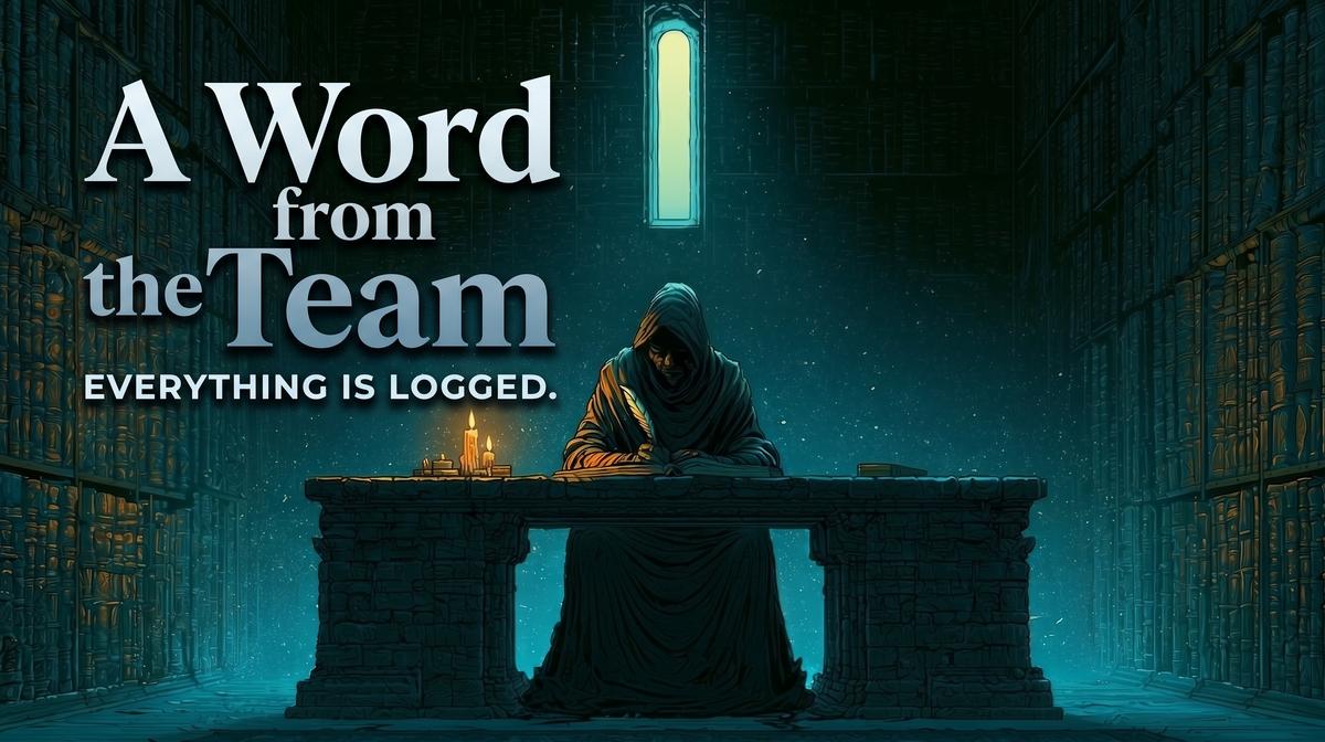 Achaea – A Word from the Team on Communications | Achaea A hooded scribe writes at a stone desk in a vast teal-lit archive in Achaea