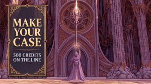 A robed figure reaches toward a glowing ornate staff in a grand cathedral hall in Achaea