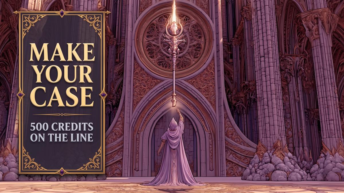 A robed figure reaches toward a glowing ornate staff in a grand cathedral hall in Achaea