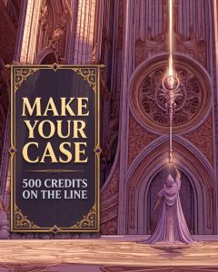 A robed figure reaches toward a glowing ornate staff in a grand cathedral hall in Achaea