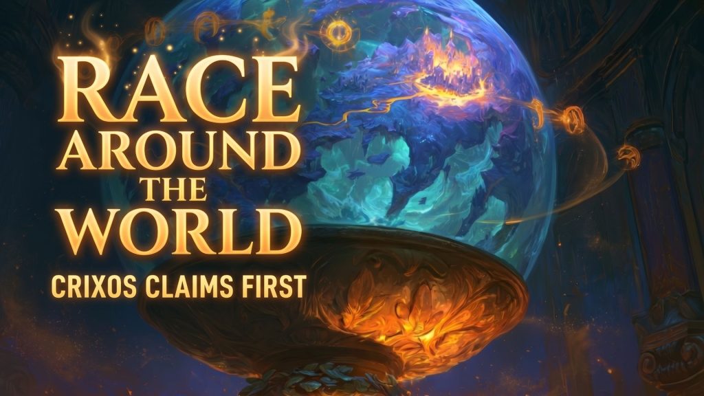 Achaea Championship Race Around the World - magical scrying globe with golden race route and orbiting championship runes
