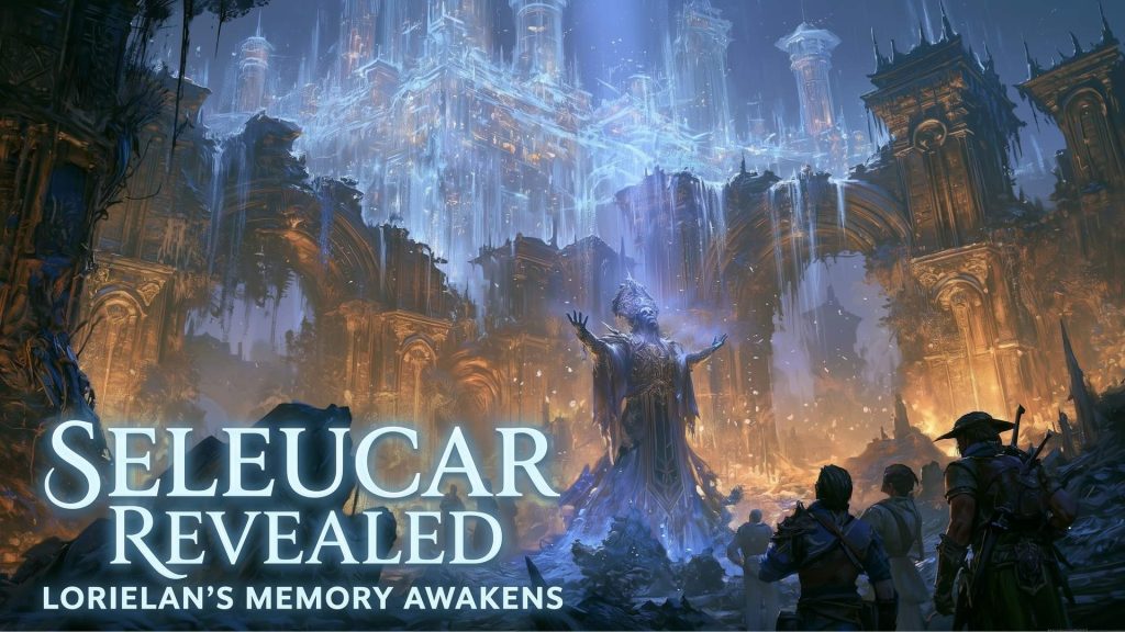 Achaea Seleucar ruins revealed through Lorielan's divine memory -- a ghostly crystal city materializes above crumbled stone as adventurers watch