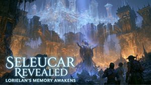 Achaea Seleucar ruins revealed through Lorielan's divine memory -- a ghostly crystal city materializes above crumbled stone as adventurers watch