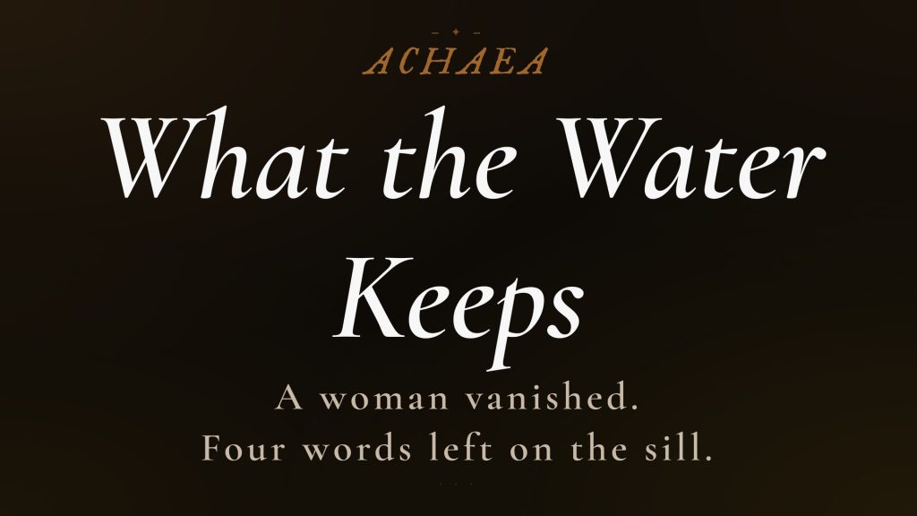 Achaea lore card for What the Water Keeps: a woman vanishes, leaving an open window and four words on the sill