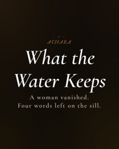 Achaea lore card for What the Water Keeps: a woman vanishes, leaving an open window and four words on the sill