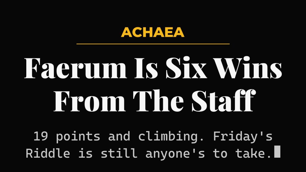 Achaea Worldgames Extravaganza results - Faerum leads Staff of Nicator standings at 19 points