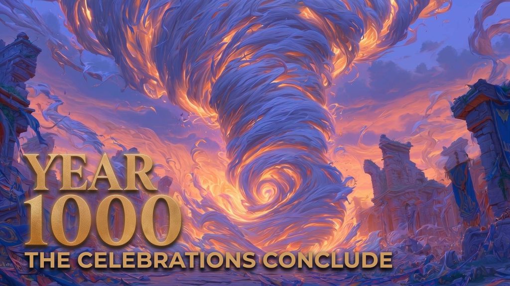 Achaea Year 1000 celebration -- a luminous whirlpool of whispers rises from the ruins of ancient Seleucar, golden and white energy spiraling into a twilight sky