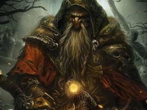 A Dwarf Apostate of Mhaldor, bearded and grim, demonic talisman at the chest