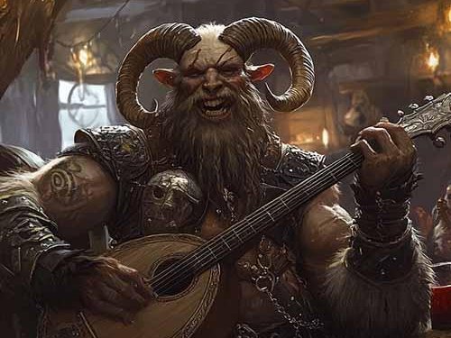 Achaea Bard hero (landscape) | Achaea A Satyr Bard with lute in hand, curled horns and ram-skull pendant