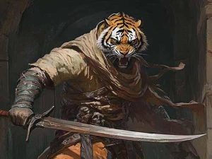 A Rajamala Blademaster with masked tiger features, sabers raised in form