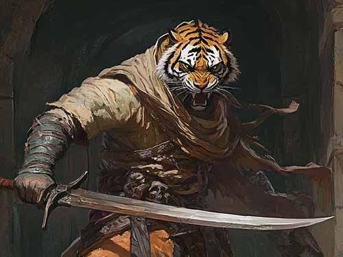 A Rajamala Blademaster with masked tiger features, sabers raised in form