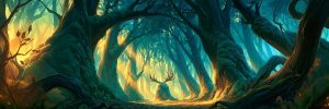 Forestals archetype banner: an ancient forest interior at golden hour with light shafts cutting through the canopy and an antlered presence in the clearing.