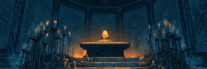 Holy and Spiritual archetype banner: an ancient stone shrine at twilight with a glowing altar surrounded by a ring of candle stands.