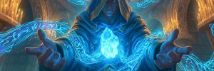 Mages and Elementalists archetype banner: arcane runes spiraling around a glowing crystal at the heart of a candlelit library.