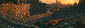 Performance and Discipline archetype banner: an open-air stone amphitheater at sunset with a lyre and folded cloak resting on the steps.