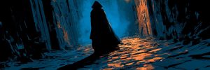Rogues and Subterfuge archetype banner: a hooded silhouette in a shadowed cobbled alley lit only by a single hanging lantern.
