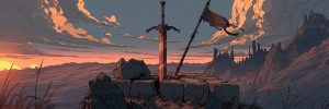 Warriors archetype banner: an ancient greatsword planted blade-down in stone on a windswept hilltop, fortress silhouettes on the horizon at dusk.