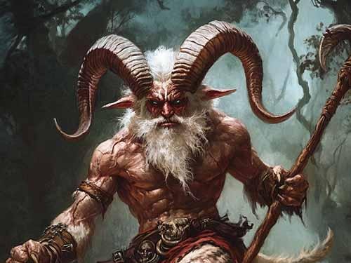 A Satyr Druid with curled horns, staff in hand, beast-pelt over the shoulder
