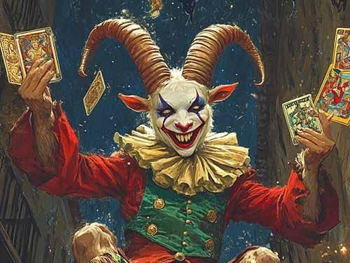 Achaea Jester hero (landscape) | Achaea A Satyr Jester in painted mask and motley, cards splayed in hand