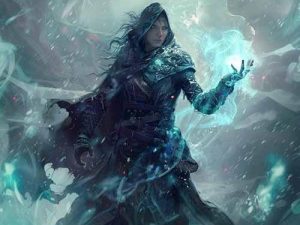 A Human Magi robed in arcane mist, hands shaping a spell of cold-fire