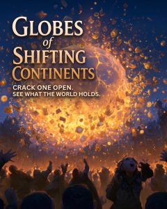 Promotional poster: a glowing globe cracking open with gold coins spilling out while a cheering crowd looks on; bold title 'Globes of Shifting Continents'.