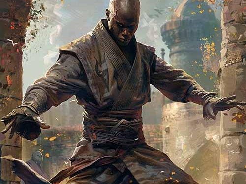 A Human Monk in robes, bald and calm, hands raised in a fighting stance