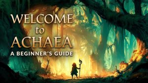 Hooded adventurer with a walking staff stepping onto a forest path in Achaea, golden light streaming through ancient tree canopy. Welcome to Achaea, a beginner's guide.