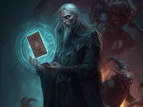 A Tsol'aa Occultist holding a glowing scarlet card, candles burning in the dark