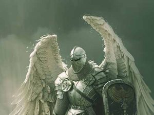 An Atavian Paladin: a winged knight of Targossas in white plate with helm, sword, and phoenix shield