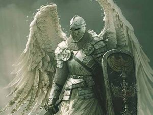 An Atavian Paladin: a winged knight of Targossas with helm, sword, and Targossas phoenix shield