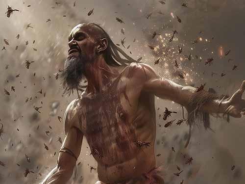 Achaea Pariah hero (landscape) | Achaea A Mhun Pariah cast out and bare-chested, leaves and ash swirling around