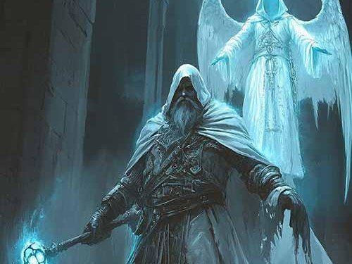 A Human Priest of Targossas in white robes, a Divine angel summoned beside