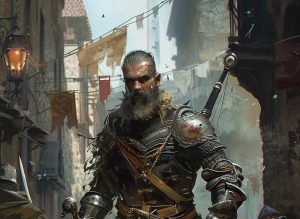 A Human character: hero portrait for the Achaea Human race page.