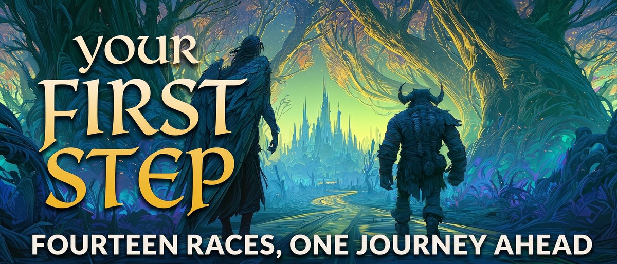 Achaea Races — Your First Step | Achaea Your first step into Sapience: two travelers, a tall robed figure and a stocky horned figure, walking together down a forest road toward a distant fantasy city. Hero image for the Achaea races page.