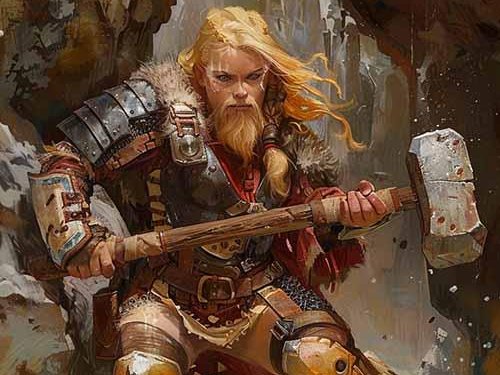 A Dwarf Runewarden with rune-graven hammer, braided beard, plated mail
