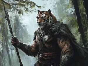 A Rajamala Sentinel of the Forest with staff, tiger features, woodland behind