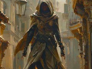 A Mhun Serpent hooded and cloaked in the Ashtan alleys, blade at the hip