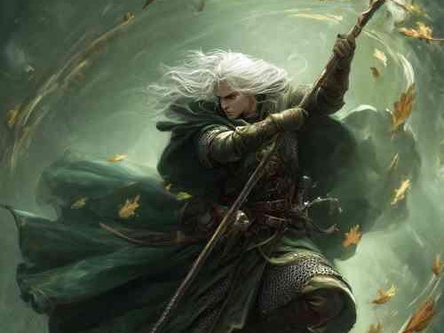 A Tsol'aa Sylvan amid swirling leaves and forest light, blade in hand