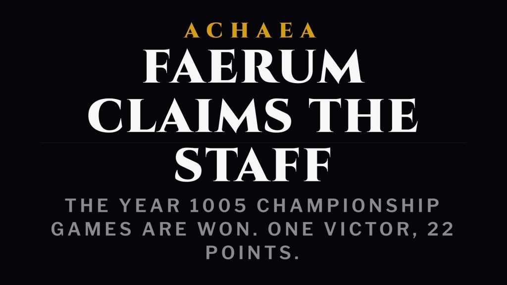 Achaea Championship Games winner Faerum claims the Staff of Nicator with 22 points