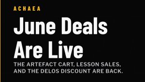 Achaea June promotions - artefact cart, lesson sales, talisman caches, and the Delos discount