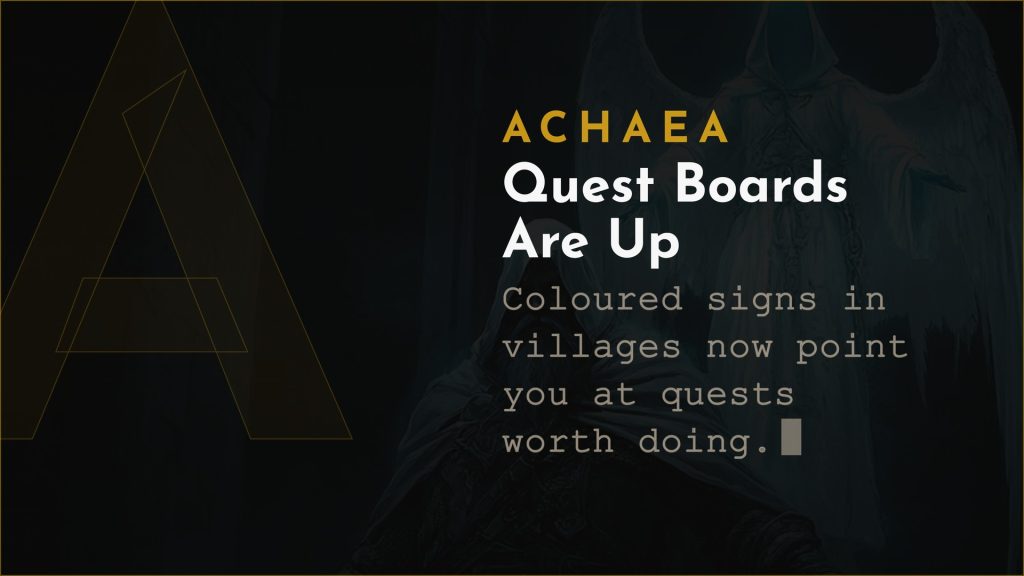 Achaea Quest Boards in villages give breadcrumb hints toward local quests and denizens